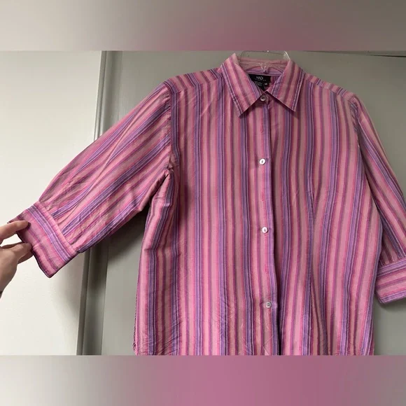 HADI Collection Pink Striped Button Down Shirt with Three Quarter Length Sleeves - Picture 3 of 5